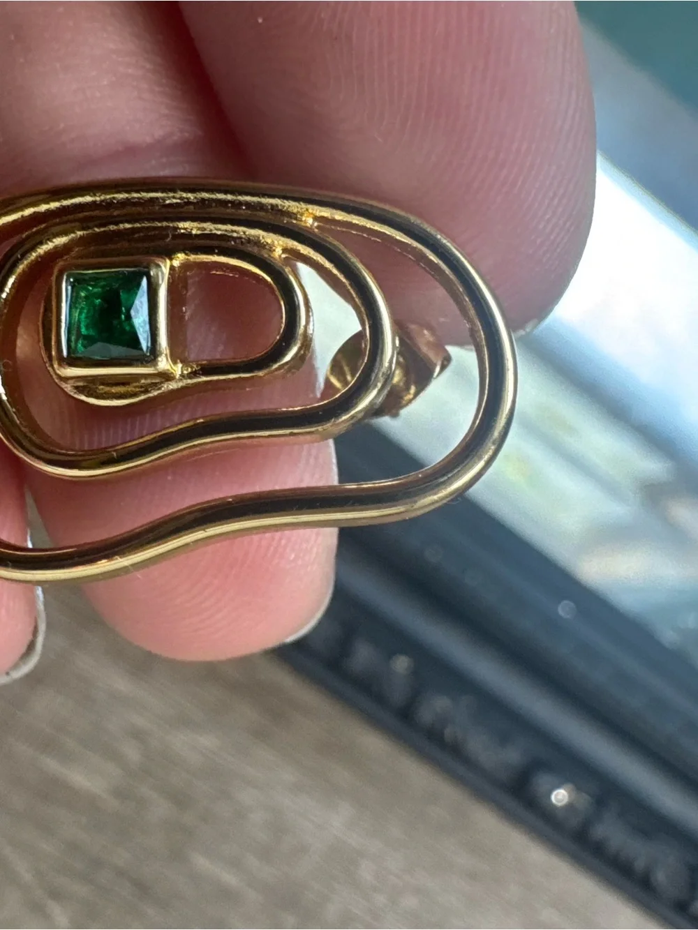 Gold-Tone Organic Loop Earrings with Green Gem Accents